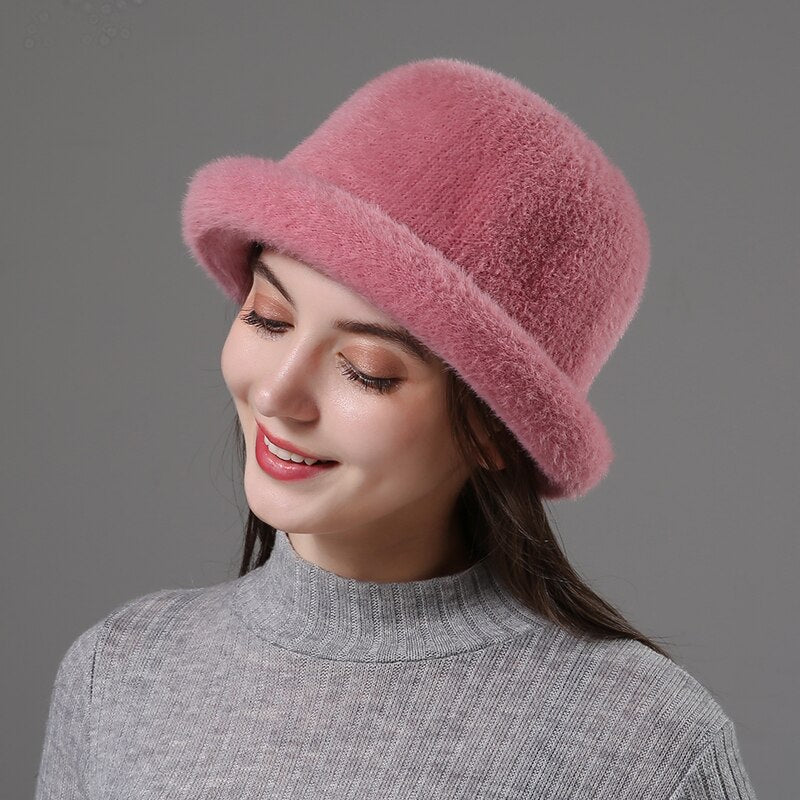 Wool Elegant Women Hat Dome Short Brim Hats Female British Retro Autumn Winter Basin Cap Faux velvet Hat RC2070