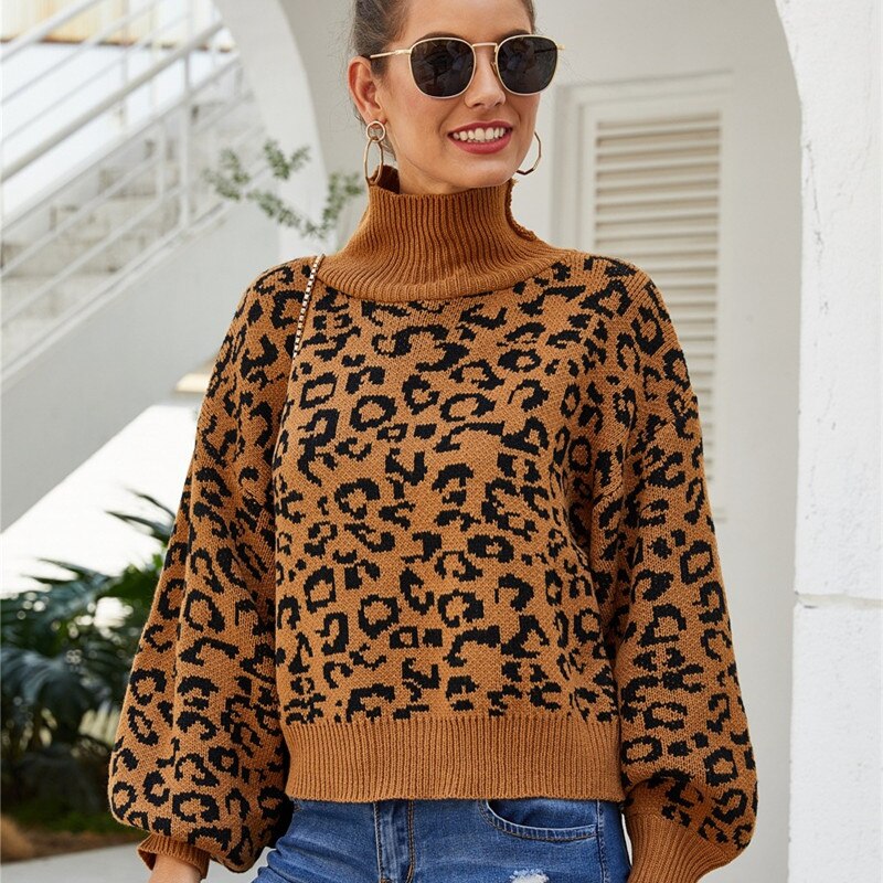 swvws Ladies Leopard Autumn Winter Women Sweater Turtleneck Casual Jumper Knitted Pullover Women Sweaters Top Female Pull Knitwear