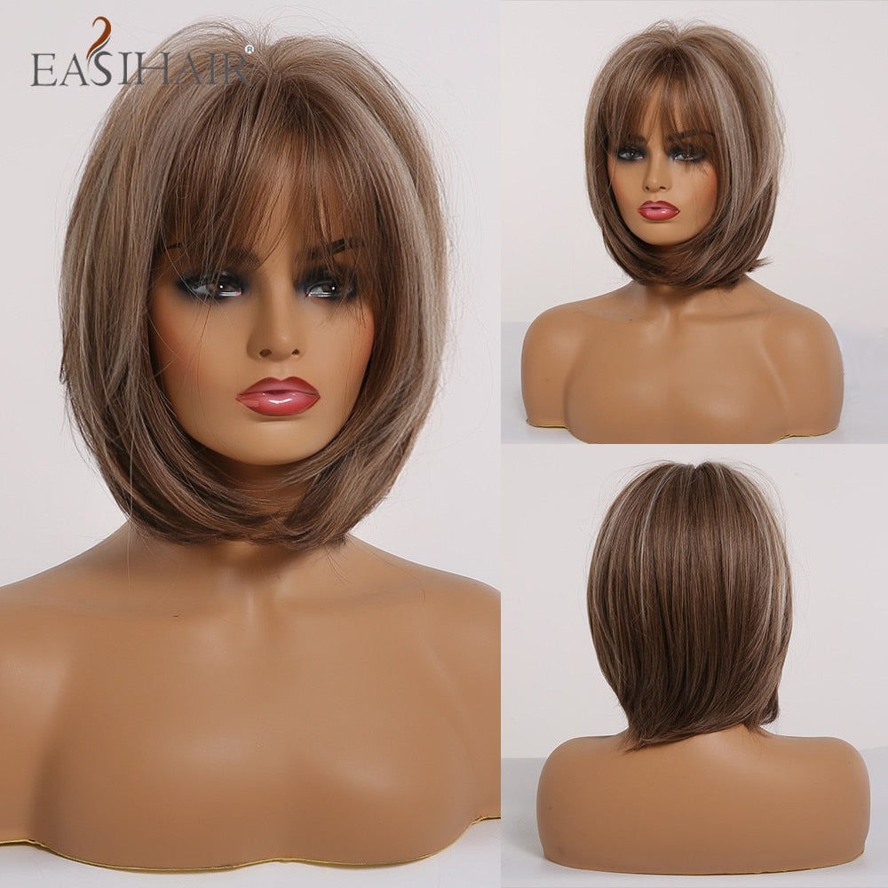 swvws  Short Straight Bob Wigs With Bang Golden Brown Natural Synthetic Hair For Women Daily Cosplay Heat Resistant Fiber Wigs