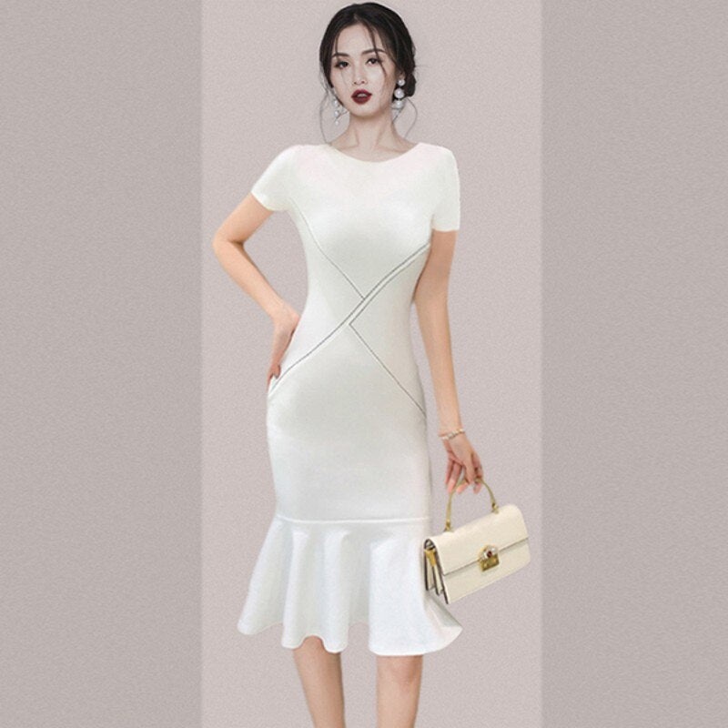 swvws  Summer  Fashion  Temperament Women OL  Short Sleeve O Neck  Ruffled Hip Fishtail Dress