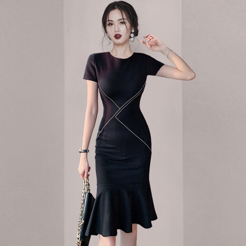 swvws  Summer  Fashion  Temperament Women OL  Short Sleeve O Neck  Ruffled Hip Fishtail Dress