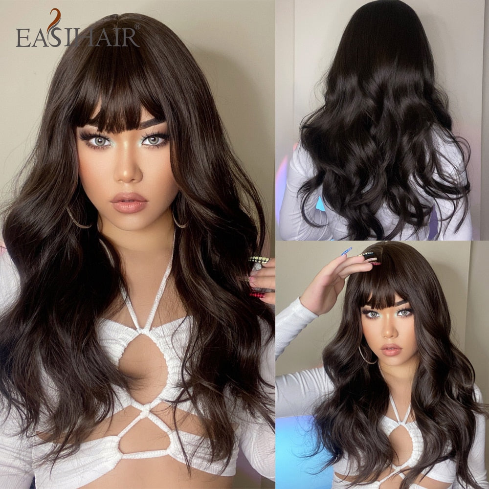 swvws  Long Black Wigs Cosplay Body Wave Synthetic Wigs With Bangs For White/Black Women Brazilian American Natural Hair