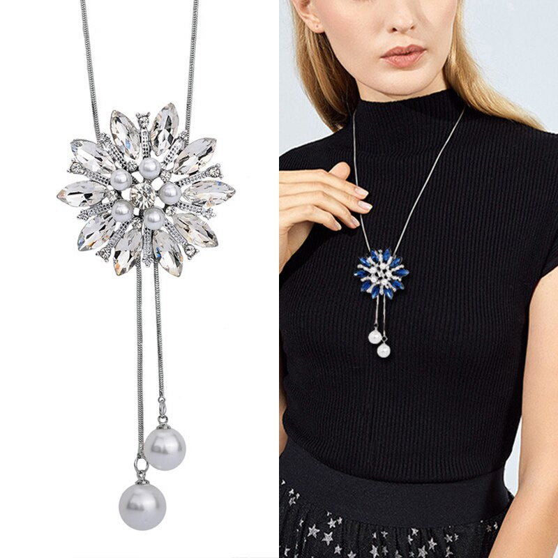 swvws Sunflower Crystal Pendant Necklace Women Fashion Blue White Rhinestone Long Chain Necklaces & Pendants Jewelry