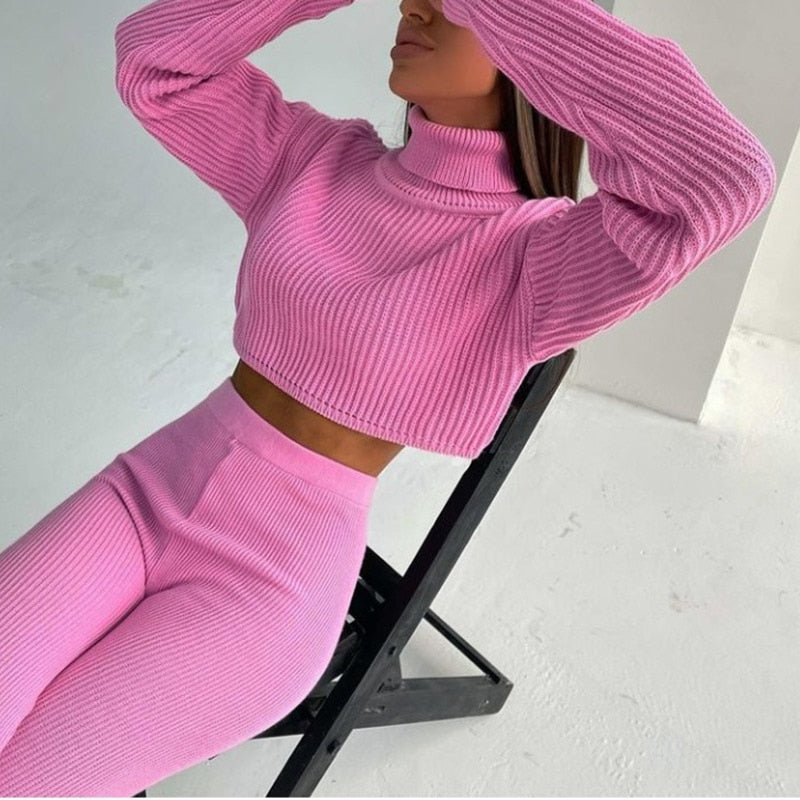 swvws Back To School Woman Two Pieces Set Autumn Winter Knitted Pants Suit Casual Long Sleeve Turtleneck Sweater Skinny Pants Tracksuit