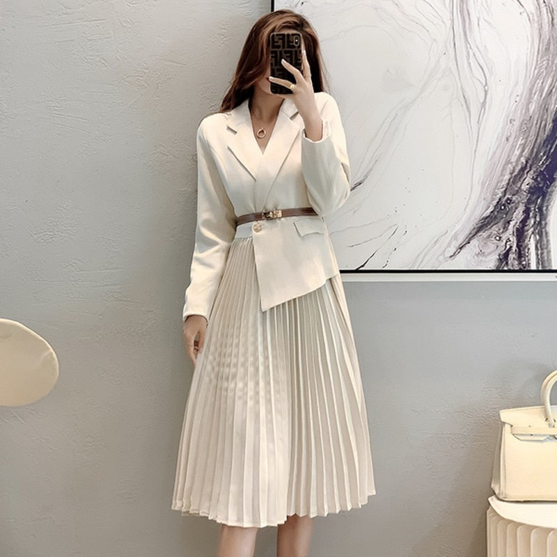 swvws  Autumn Korean Fashion OL Long Sleeve Midi Suit Dress Women Fake Two-Piece Slim Pleated Long Casual  Dress