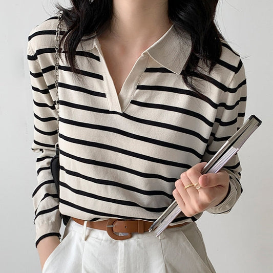 swvws  New Spring Autumn Stripe Women Tshirt Apricot Polo Collar Long Sleeve Top Casual All-Match Korea Fashion Tee Shirt Femme