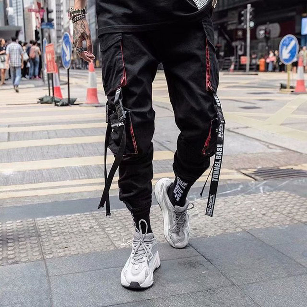 swvws Mens Vintage Hip Hop Style Baggy Jeans Joggers Cargo Pants For Men Casual Hip Hop Hit Color Pocket Male Trousers Sweatpants Streetwear Ribbons Techwear Pants