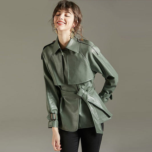 swvws   Spring Autumn Lapel Faux Leather Jacket Women Green PU Coat Simplicity Loose Jackets Office Lady Outwear With Belt