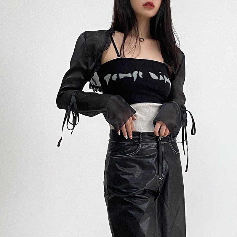 swvws Gothic Cloak Womne Long Sleeve Crop Top Bow Design Black Cape + Patchwork Tank Top Two Piece Set Korean Style Sexy Tops