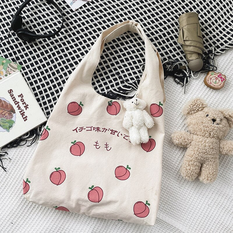 swvws  Japanese Peach Print Tote Bag Large-capacity Shoulder Bag For Women Shopper Bag Canvas Bag Handbag Student Bags Bolsa Feminina