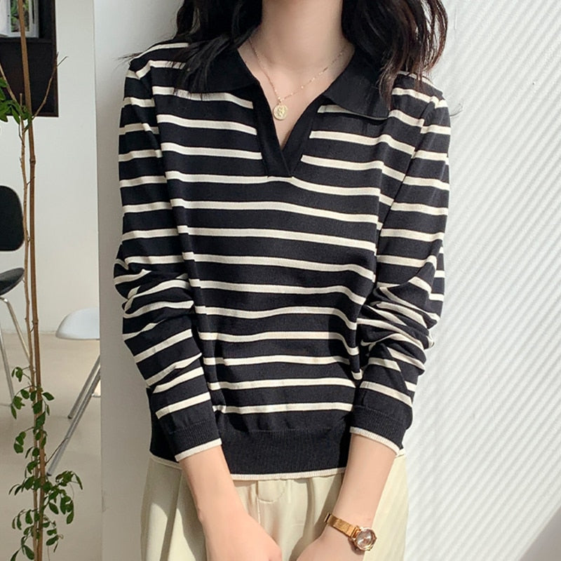 swvws  New Spring Autumn Stripe Women Tshirt Apricot Polo Collar Long Sleeve Top Casual All-Match Korea Fashion Tee Shirt Femme