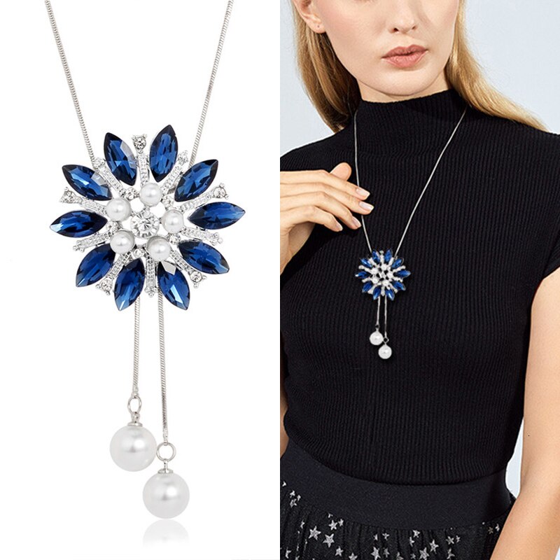 swvws Sunflower Crystal Pendant Necklace Women Fashion Blue White Rhinestone Long Chain Necklaces & Pendants Jewelry