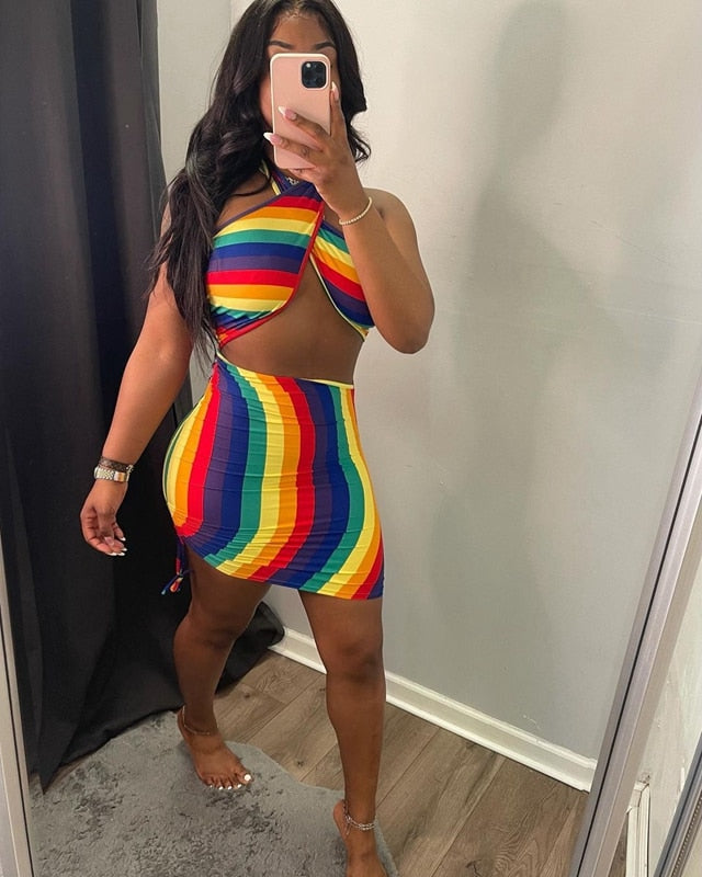 swvws   Sexy Rainbow Striped Tie Dye Halter Bodycon Dress Backless Women's Boobs Wrap Pencil Mini Dresses Party Night Clubwear Summer