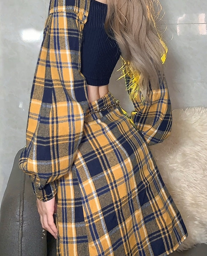 swvws Youth Stitching Contrast Color Plaid Beautiful Wild One-Line Collar Long-Sleeved Short Top With A-Line Skirt 2 Two-Piece XJ0203