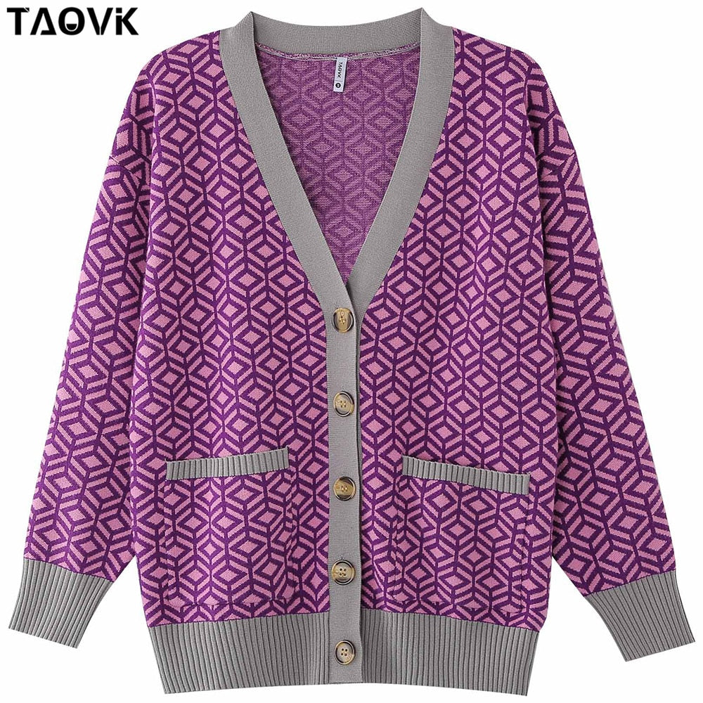 swvws Women's Knitted Sweater Diamond Pattern Single-Breasted Buttons Loose Casual Knit Cardigan Sweater