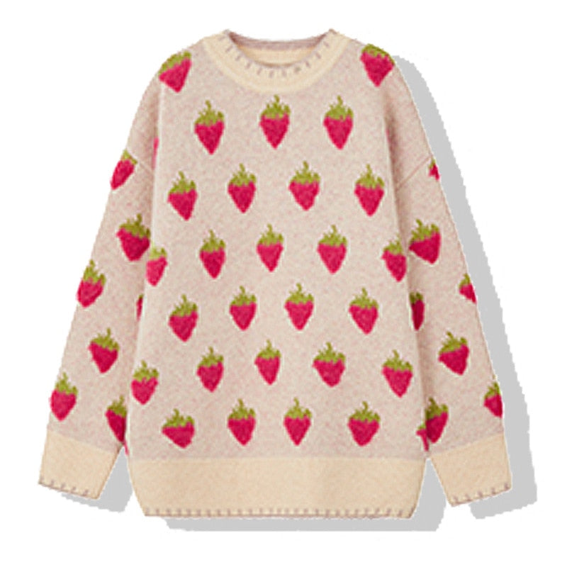 swvws Winter Knitted Sweater Women Strawberry Embroidery Oversized Pullovers Harajuku Casual O-Neck Loose Knitwear Jumper Sueter Mujer