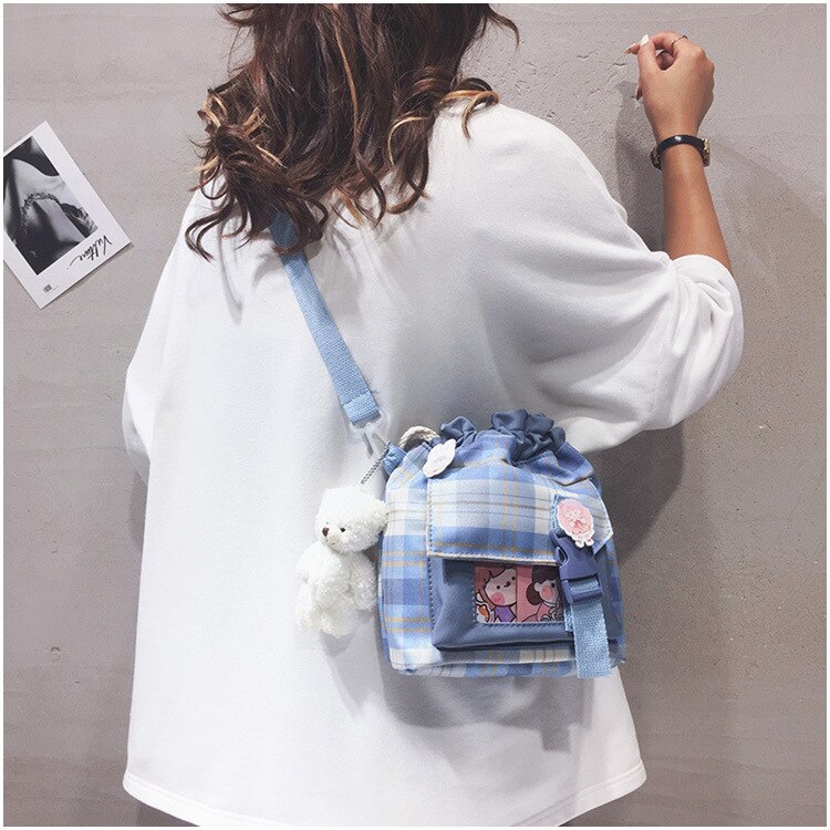 swvws New Summer Bucket Bag Women Plaid Nylon Bag Girls Small Crossbody Bags Handbag Mobile Phone Bag Drawstring Shoulder Bag Bolsos