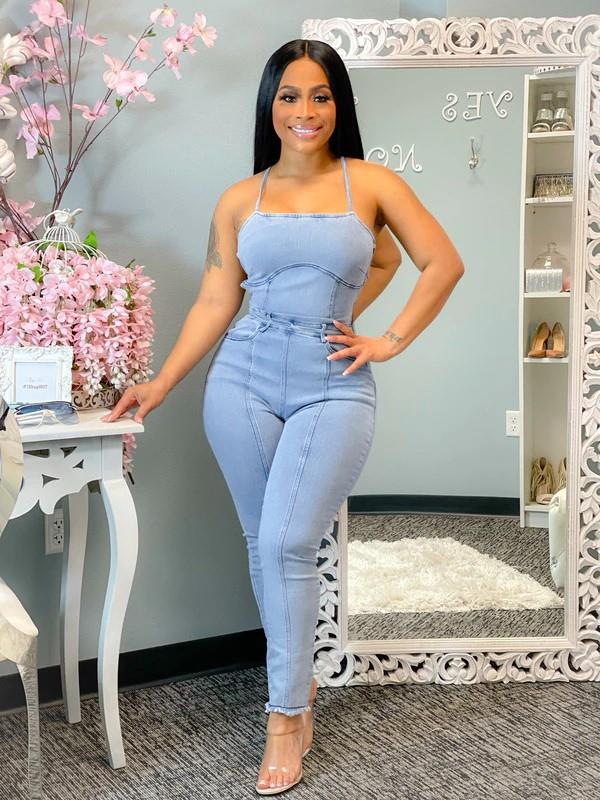 swvws   Plus Size Sexy Back Lace Up Bandage Hollow Out Jumpsuit Women Off Shoulder Denim Long Jumpsuit Sleveless Summer Jeans Overalls