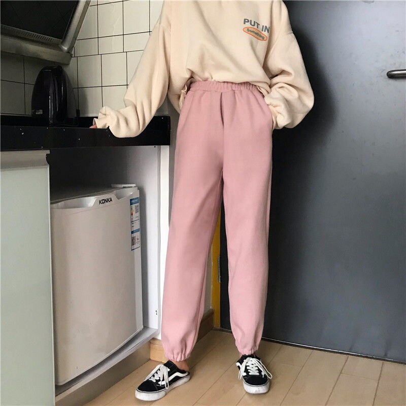 swvws Women Pants Warm Loose Simple Solid Korean Thicken Harem Trousers Vintage Unisex Velvet High Quality Womens Students All-Match