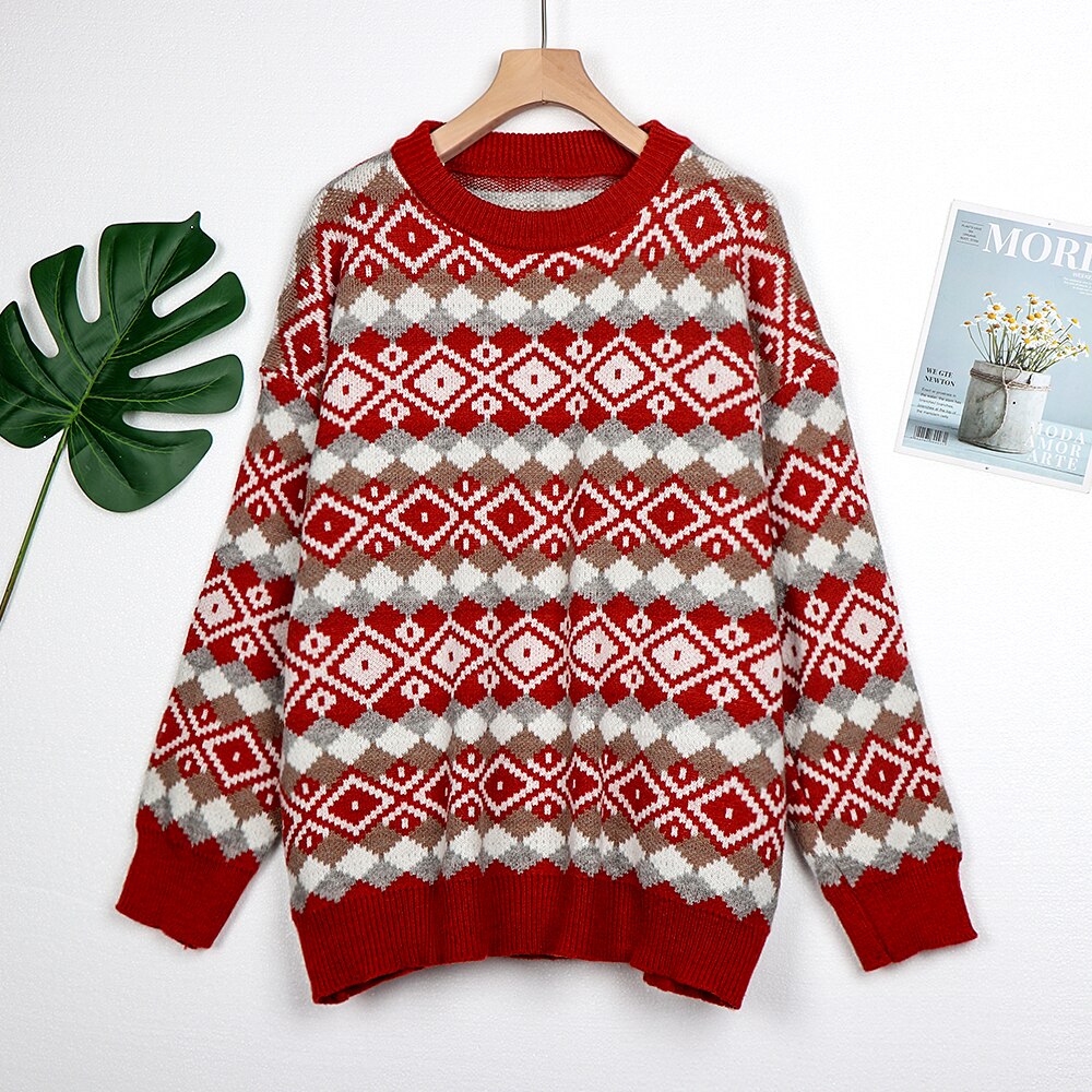 swvws Knitted Sweater Women Oversized Argyle Pullover Vintage Jumper Long Sleeve Knitwear Autumn Winter Warm Tops Style Chic Sweater