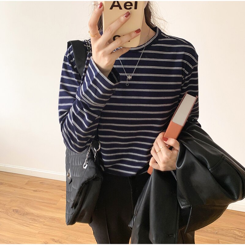 swvws New Fashion Korean Women T Shirt Vintage Basic Striped Loose Casual Tops Female Long Sleeve O Neck Thin Cotton Spring Autumn Tee