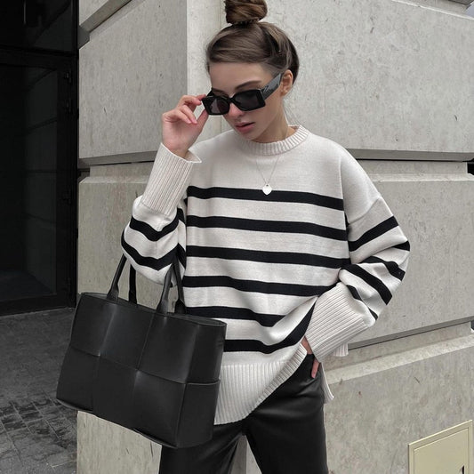 swvws Ladies Autumn Winter Striped Knitted Loose Sweater Women Pullover Tops Long Sleeve O Neck Casual Streetwear Women Sweater Female