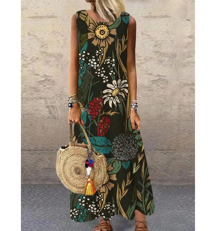 swvws Sundress Women Summer Dress  Printing Dress  Casual O Neck Loose Sleeveless Printed Floral Long Maxi Dress