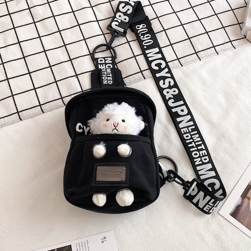 swvws Cute Plush Toy Inside Chest Bag For Women Casual Canvas Bag Women Crossbody Bags Letter Print Strap Shoulder Bag Women Bolso Sac