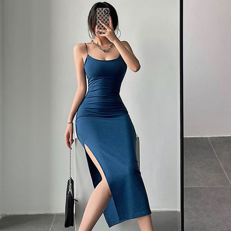 swvws Sexy Slim Shoulder Strap High Split Long Skinny Hip Strap Tank Maxi Long Dresses Party Dress Sexy Korean Women PKIJ