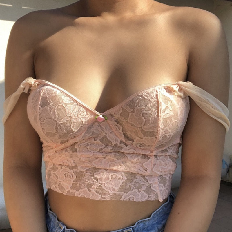 swvws Lace Pink Y2K Aesthetic 90S Sleeveless Crop Top Women Bow Frill Ruffles Cami Tops Tees Ladies Embroidery Streetwear Summer