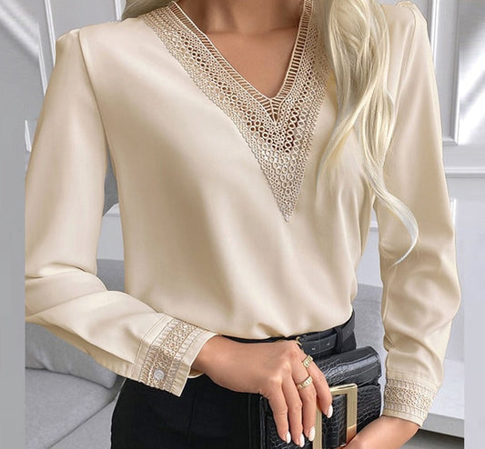 swvws Autumn Lace Crochet Satin Silk Chiffon Shirt Women Long Sleeve Woman Blouses Tops V Neck Solid Embroidery Shirts Blusas 15777