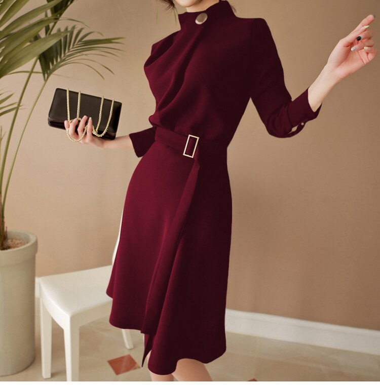 swvws  Autumn   Long Sleeve Office Lady Korean Fashion Professional Dress Business Clothes With Belt Solid Vestidos Slim Outfit