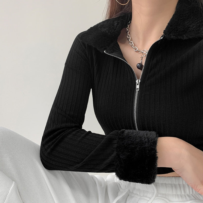 swvws Fashion Fur Collar Long Sleeve Slim Knitted Cardigan Solid Color Screw Thread Open Navel Zipper Sweater Khz3