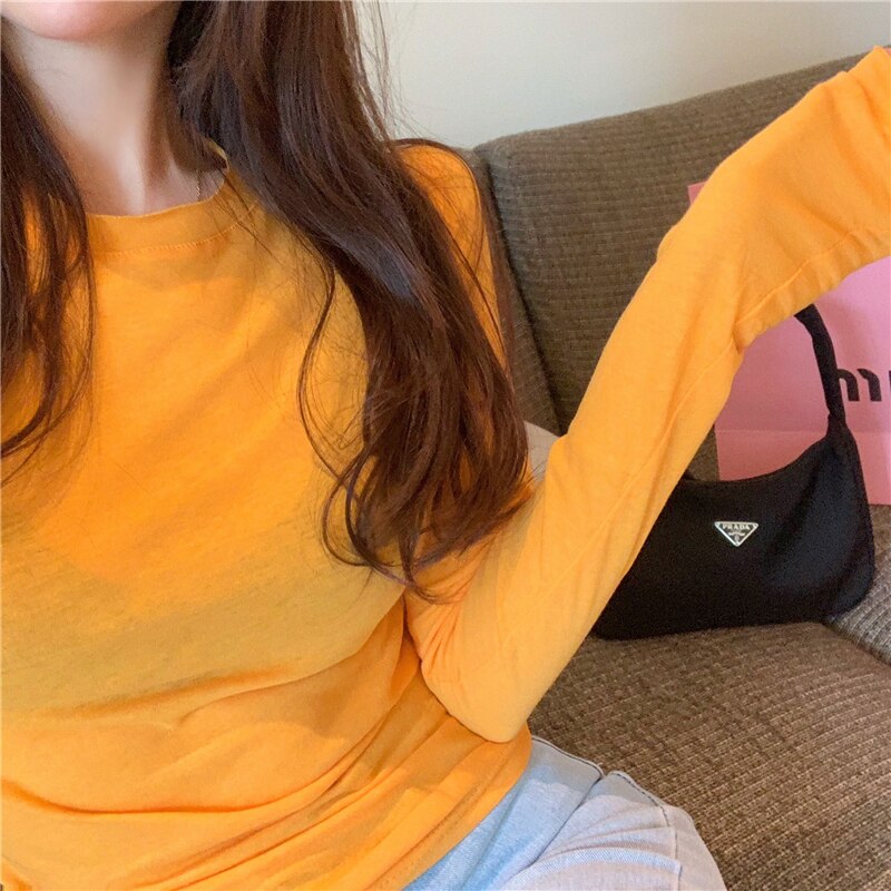 swvws Long Sleeve Tops For Women Solid Cotton Tee Shirt Femme Korean Fashion Clothing Casual Tshirts Slim T-Shirt Tees Spring Autumn