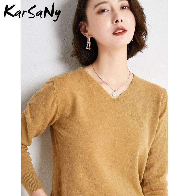 Back To School V Neck Sweater Pullover Winter Women  Solid Pulls Slim Knitted Top Basic Women's Sweaters Autumn Women Cashmere Jumper Woman