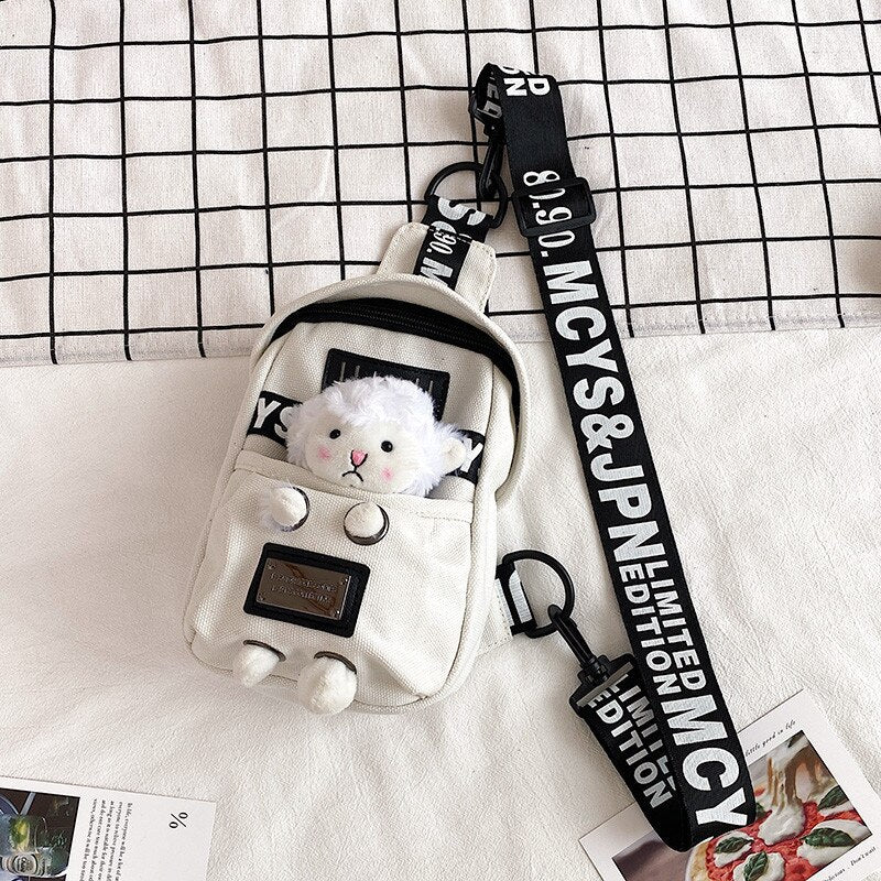 swvws Cute Plush Toy Inside Chest Bag For Women Casual Canvas Bag Women Crossbody Bags Letter Print Strap Shoulder Bag Women Bolso Sac