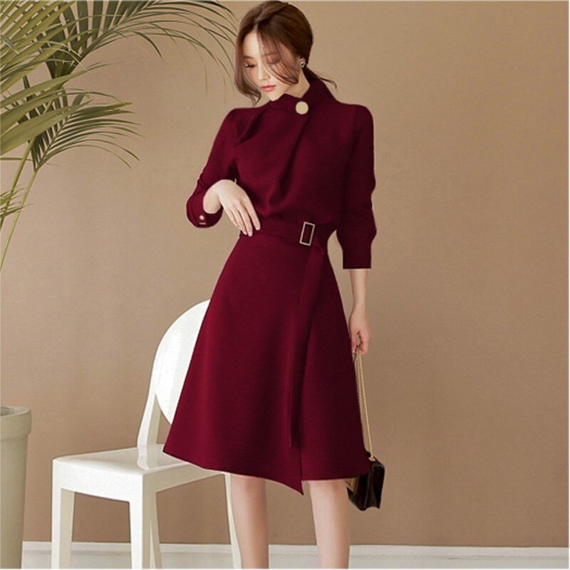 swvws  Autumn   Long Sleeve Office Lady Korean Fashion Professional Dress Business Clothes With Belt Solid Vestidos Slim Outfit