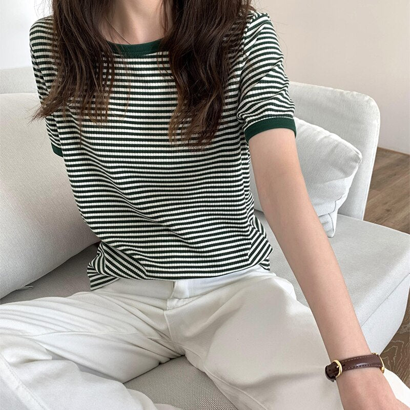 swvws Striped Vintage Short Sleeve T Shirt Women  Summer Korean Fashion T-Shir Soft Tops Tshirts Casual O Neck Tee Shirt Female