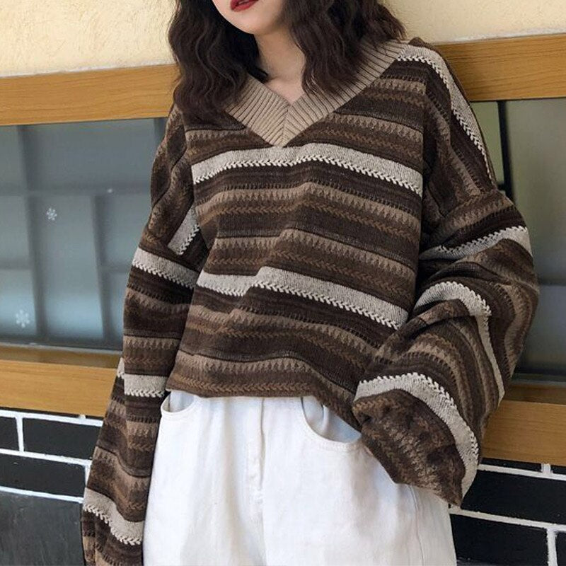 swvws Knitted Sweaters Women Oversized V Neck Striped Pullover Vintage Sweater Autumn Winter Retro Warm Jumper Harajuku Loose Sweater