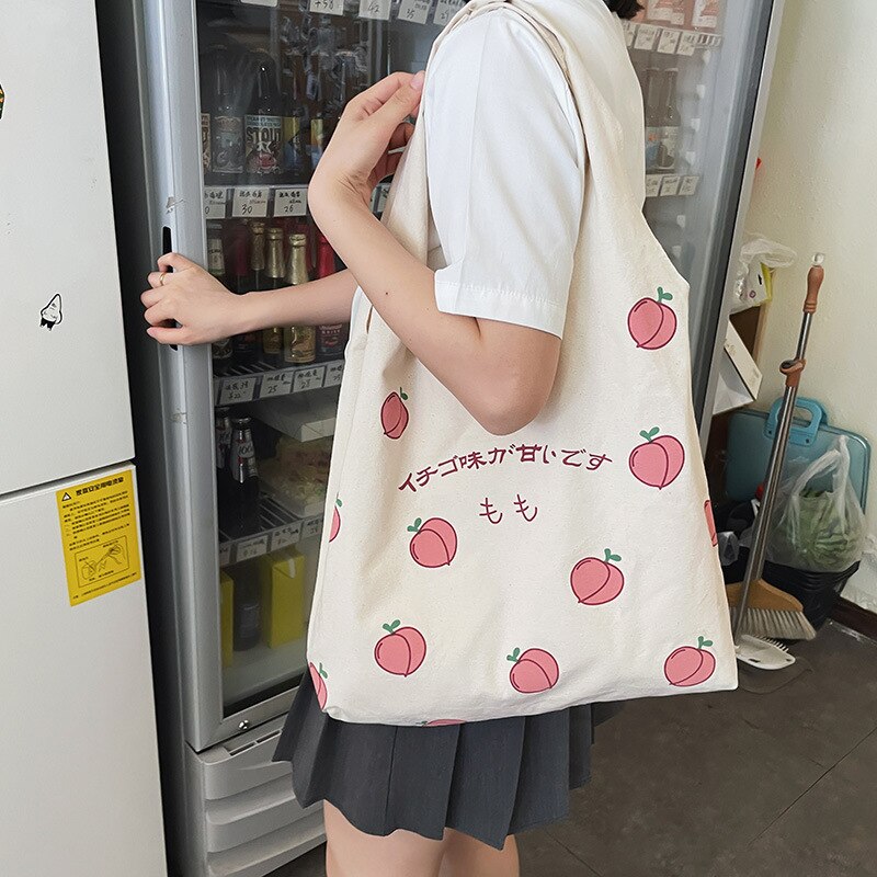 swvws  Japanese Peach Print Tote Bag Large-capacity Shoulder Bag For Women Shopper Bag Canvas Bag Handbag Student Bags Bolsa Feminina