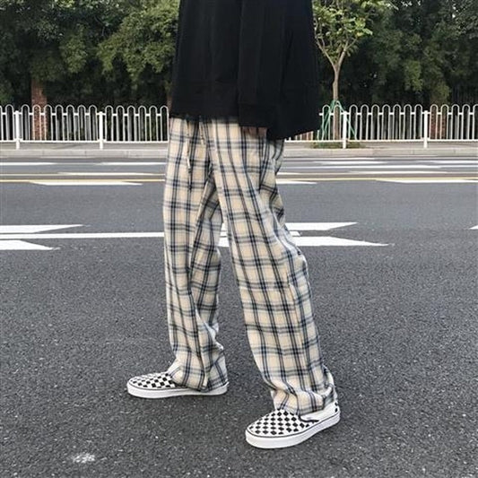 swvws Back To School  Plaid Pants Men Streetwear Baggy Fashion Wide Leg Checked Trousers Male Summer Loose Casual Harajuku Korean Streetwear