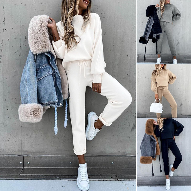 swvws Winter Autumn Women Knitted Settwo Piece Set Tracksuit Velvet Oversize Female Ropa De Chandal Mujer Invierno Casual Jogging Suit