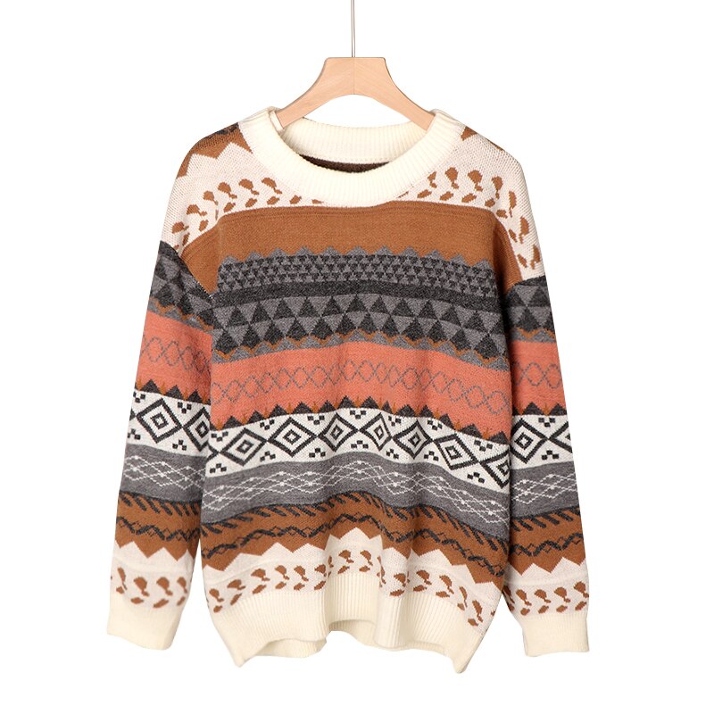 swvws Women Vintage Sweater Knitted Jumper College Loose Winter Striped Jumper Pullovers Korean Knitwear Autumn Casual Tops Femme