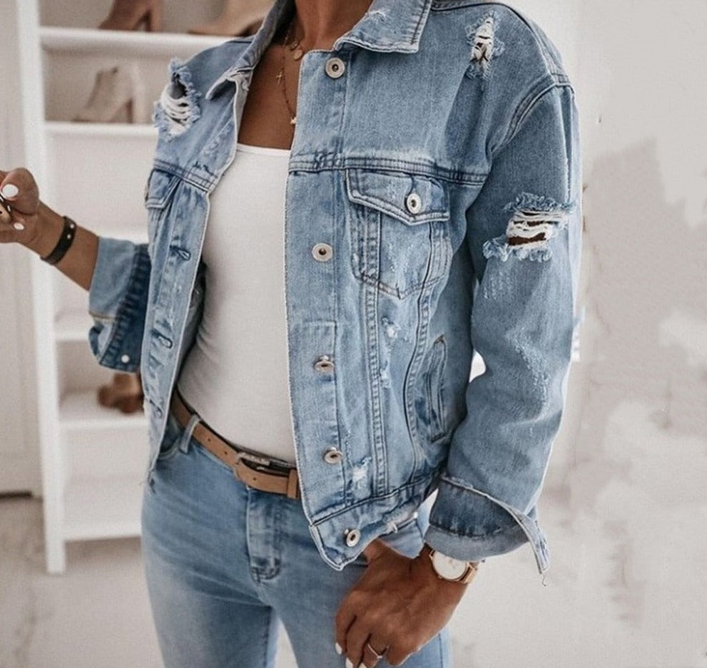 swvws Women's  Casual Short Jean Jacket Sexy Denim Jackets Solid Casual Blue Cowboy Jackets Hole Loose Jean Coats