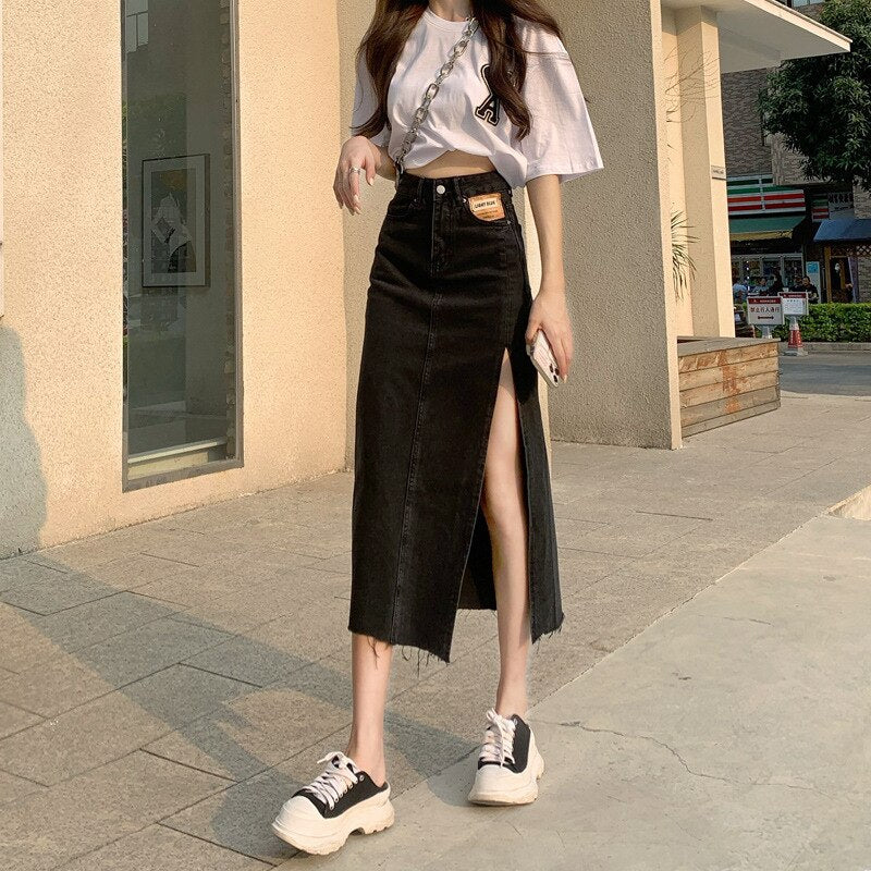 swvws Hem Single Slits Zipper A-Line High Waist Side Slit Denim Casual Long Skirt Female Summer  New Thin Girl Bag Hip Ins Tide