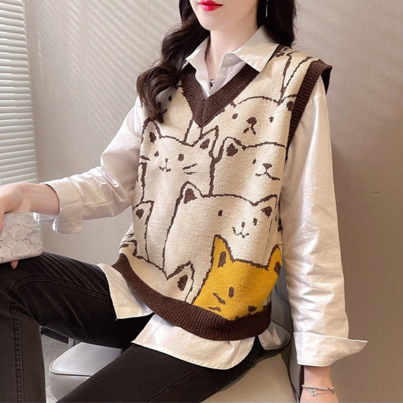 swvws Knitted Sweaters Women Fashion  Autumn Winter Casual Pullovers V-Neck College Style Cat Print Streetwear Knit Vest Sweater