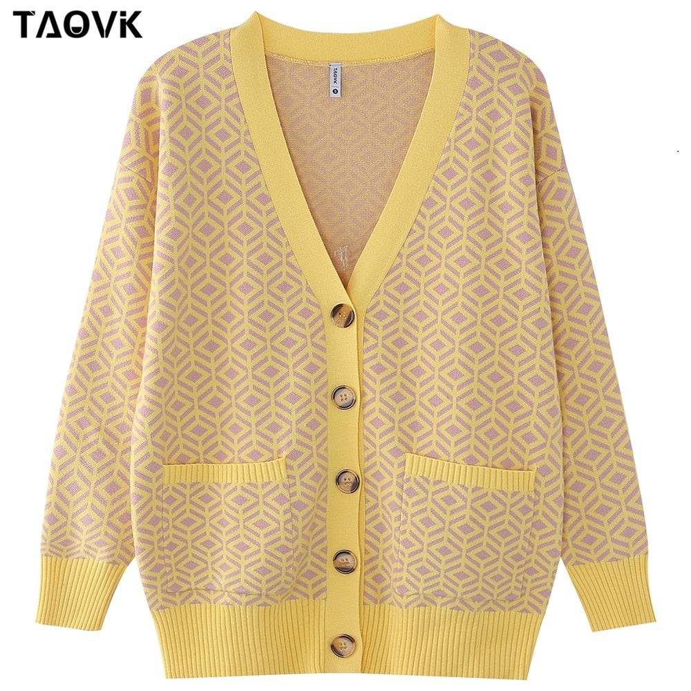 swvws Women's Knitted Sweater Diamond Pattern Single-Breasted Buttons Loose Casual Knit Cardigan Sweater