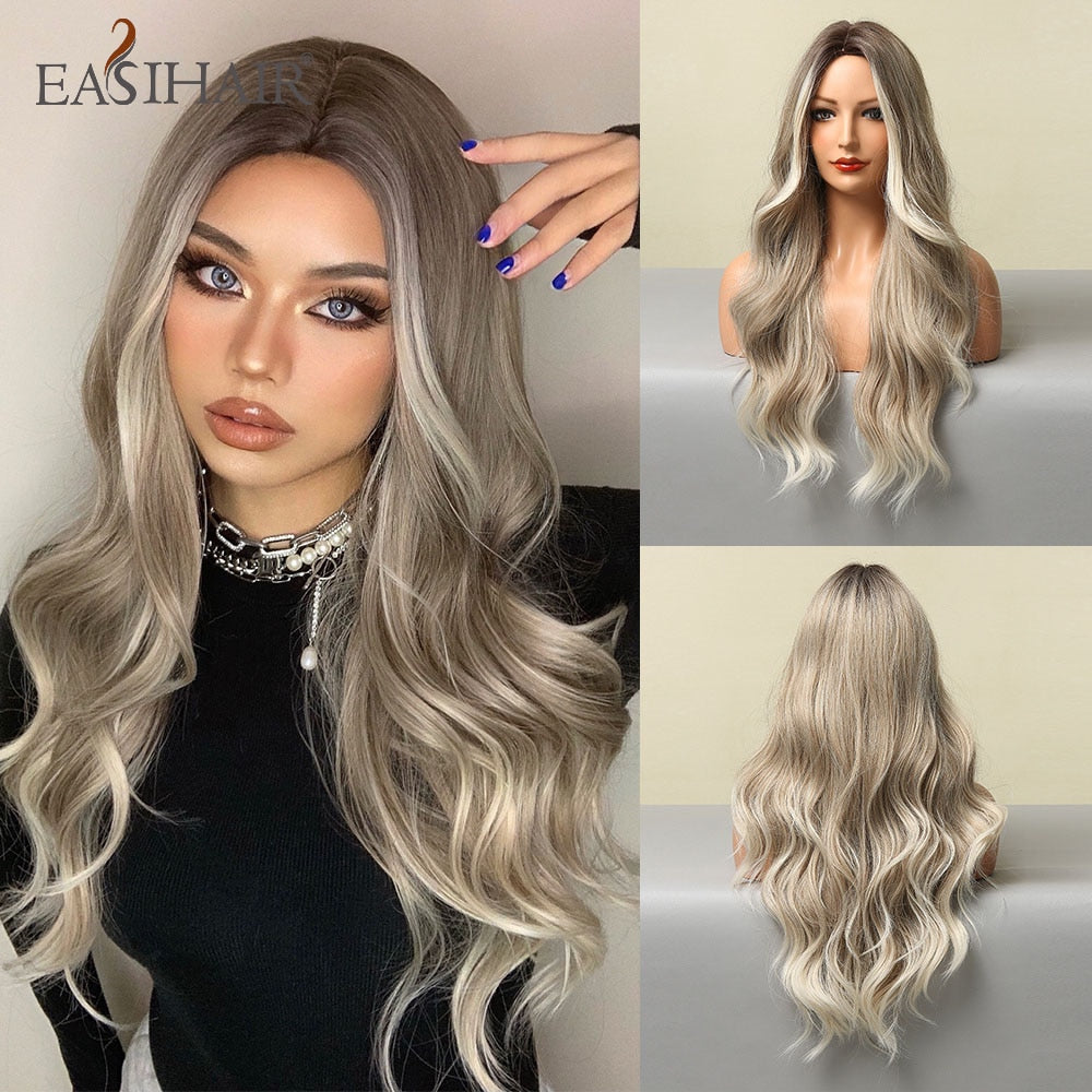 swvws  Long Body Wave Wigs Ombre Black Brown Blonde Synthetic Wig Cosplay Middle Part Natural Heat Resistant Wig For Women