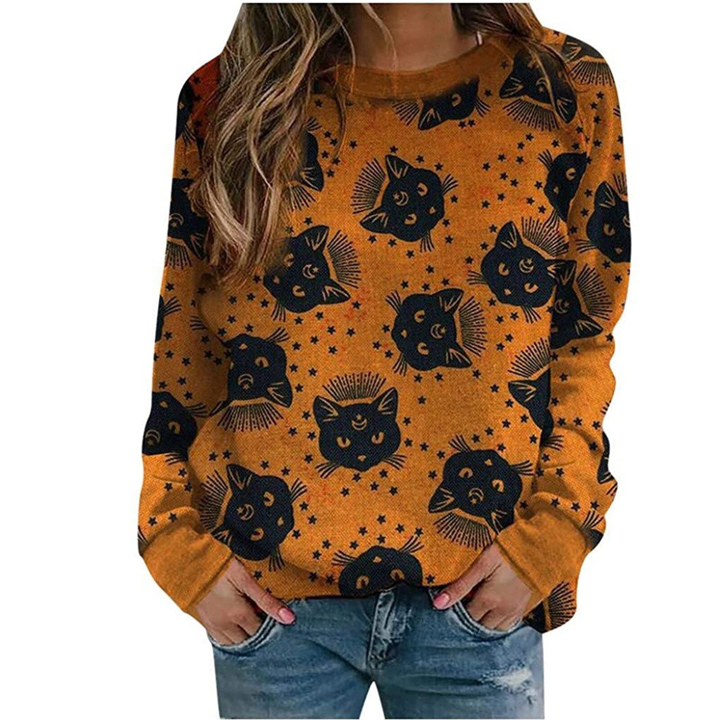 swvws Halloween Hoodies Oversized Women Fashion Halloween Element Print Long-Sleeved Sweatshirt Casual Hoodie Round Neck Blouse Autumn Pullover Aachoae