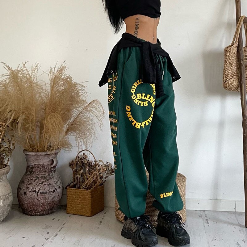 swvws Green Print Jogging Sweatpants Women Korean Fashion Oversize Joggers Sports Pants Hippie Wide Leg Trousers Kpop Streetwear